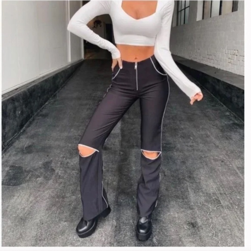 I.AM.GIA Reflective High Waisted Trim Knee Cut Out Black Tall Pants (M)
